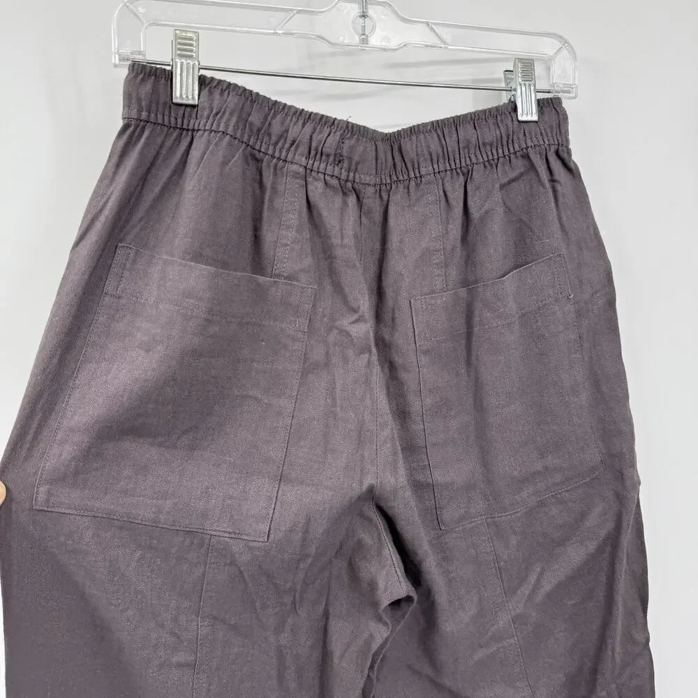 Zara Linen Blend Crop Pants XS Gray Elastic Waist Tie Boho Coastal Relaxed
